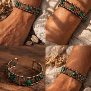 Handmade Wire Wrapped Cuff Bracelet Green Stone Silver Tone Boho Statement